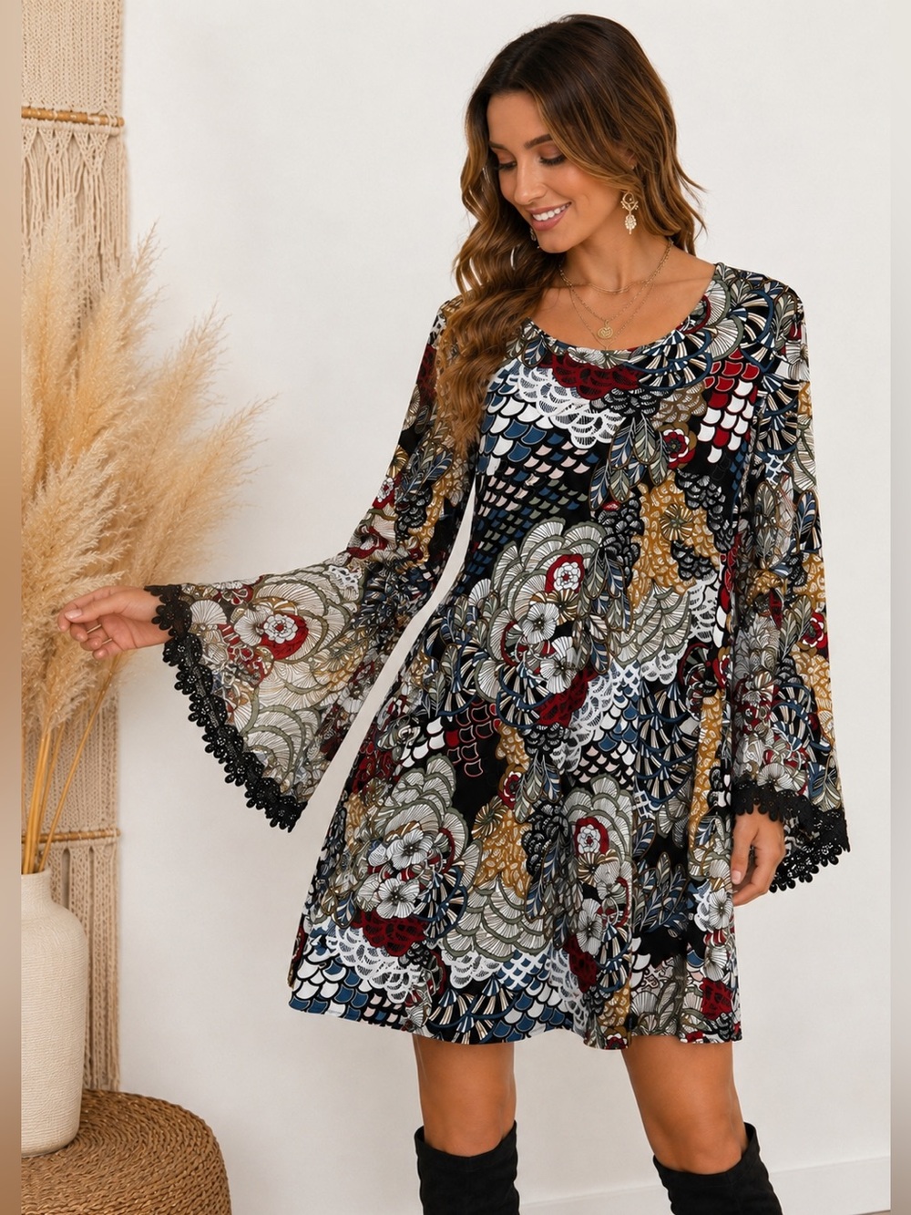 Westport Boho Bell Sleeve Tunic Dress Floral Abstract Print Lace Trim Size L